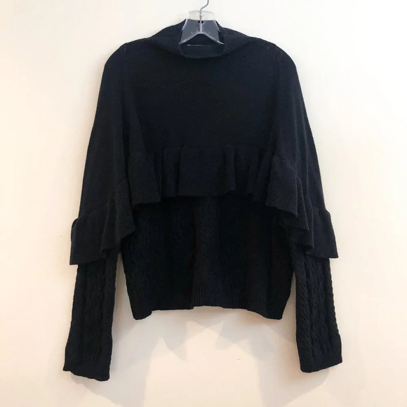 Project Naadam Black Cotton Acrylic Blend Ruffled Mock Neck Knit Sweater Medium - Picture 3 of 11